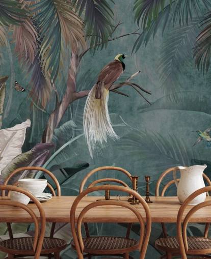 papier peint mural de la jungle bleue appelé Jungle Birds and Butterflies Blue at Wallsauce pour chambres et salles de bain