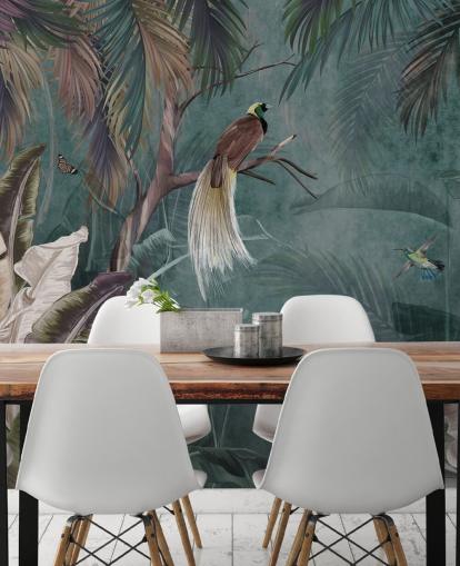 mural de papel pintado azul de la jungla llamado Jungle Birds and Butterflies Blue at Wallsauce para dormitorios y baños