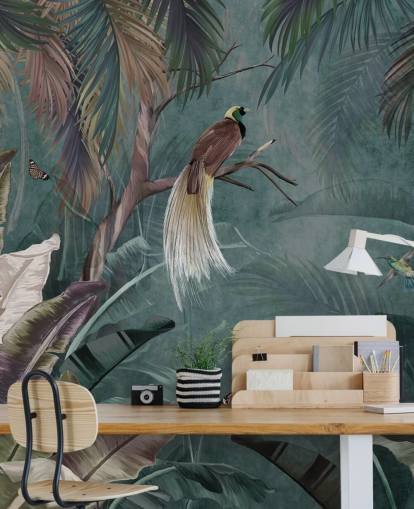 blå jungle tapetmaleri kaldet Jungle Birds and Butterflies Blue på Wallsauce til soveværelser og badeværelser