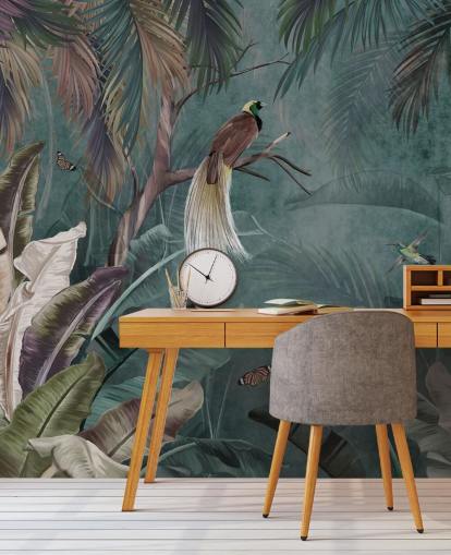 blå jungel tapetmaleri kalt Jungle Birds and Butterflies Blue på Wallsauce for soverom og bad