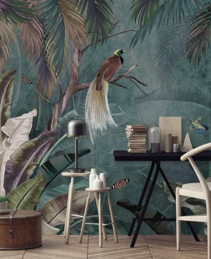 blå jungel tapetmaleri kalt Jungle Birds and Butterflies Blue på Wallsauce for soverom og bad blå jungel tapetmaleri kalt Jungle Birds and Butterflies Blue på Wallsauce for soverom og bad