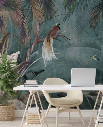 blauwe jungle behangmuurschildering genaamd Jungle Birds and Butterflies Blue bij Wallsauce voor slaapkamers en badkamers blauwe jungle behangmuurschildering genaamd Jungle Birds and Butterflies Blue bij Wallsauce voor slaapkamers en badkamers