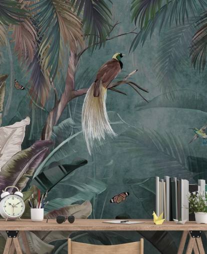 mural de papel de parede da selva azul chamado Jungle Birds and Butterflies Blue at Wallsauce para quartos e banheiros mural de papel de parede da selva azul chamado Jungle Birds and Butterflies Blue at Wallsauce para quartos e banheiros