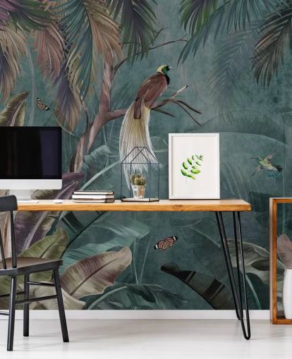 blå jungel tapetmaleri kalt Jungle Birds and Butterflies Blue på Wallsauce for soverom og bad