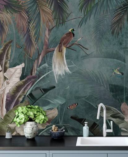 blauwe jungle behangmuurschildering genaamd Jungle Birds and Butterflies Blue bij Wallsauce voor slaapkamers en badkamers blauwe jungle behangmuurschildering genaamd Jungle Birds and Butterflies Blue bij Wallsauce voor slaapkamers en badkamers