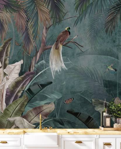 blauwe jungle behangmuurschildering genaamd Jungle Birds and Butterflies Blue bij Wallsauce voor slaapkamers en badkamers