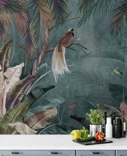 carta da parati murale con giungla blu chiamata Jungle Birds and Butterflies Blue at Wallsauce per camere da letto e bagni carta da parati murale con giungla blu chiamata Jungle Birds and Butterflies Blue at Wallsauce per camere da letto e bagni