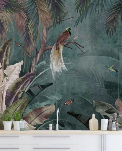 papier peint mural de la jungle bleue appelé Jungle Birds and Butterflies Blue at Wallsauce pour chambres et salles de bain