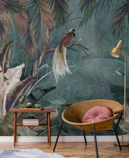 blue jungle wallpaper mural called Jungle Birds and Butterflies Blue at Wallsauce for bedrooms and bathrooms blue jungle wallpaper mural called Jungle Birds and Butterflies Blue at Wallsauce for bedrooms and bathrooms