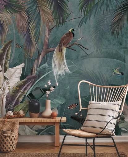 blå djungel tapetväggmålning som heter Jungle Birds and Butterflies Blue på Wallsauce för sovrum och badrum blå djungel tapetväggmålning som heter Jungle Birds and Butterflies Blue på Wallsauce för sovrum och badrum