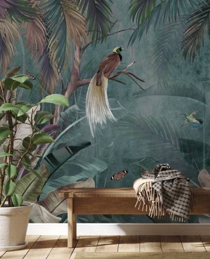 sininen viidakon taustakuvamaalaus nimeltä Jungle Birds and Butterflies Blue Wallsaucessa makuuhuoneisiin ja kylpyhuoneisiin