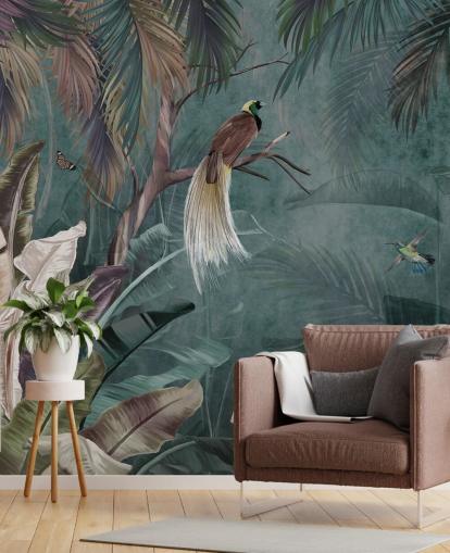 blå djungel tapetväggmålning som heter Jungle Birds and Butterflies Blue på Wallsauce för sovrum och badrum blå djungel tapetväggmålning som heter Jungle Birds and Butterflies Blue på Wallsauce för sovrum och badrum