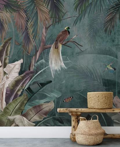 carta da parati murale con giungla blu chiamata Jungle Birds and Butterflies Blue at Wallsauce per camere da letto e bagni carta da parati murale con giungla blu chiamata Jungle Birds and Butterflies Blue at Wallsauce per camere da letto e bagni