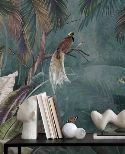 papier peint mural de la jungle bleue appelé Jungle Birds and Butterflies Blue at Wallsauce pour chambres et salles de bain papier peint mural de la jungle bleue appelé Jungle Birds and Butterflies Blue at Wallsauce pour chambres et salles de bain