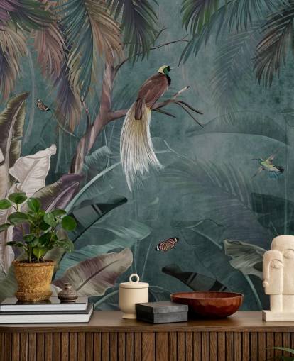 blauwe jungle behangmuurschildering genaamd Jungle Birds and Butterflies Blue bij Wallsauce voor slaapkamers en badkamers