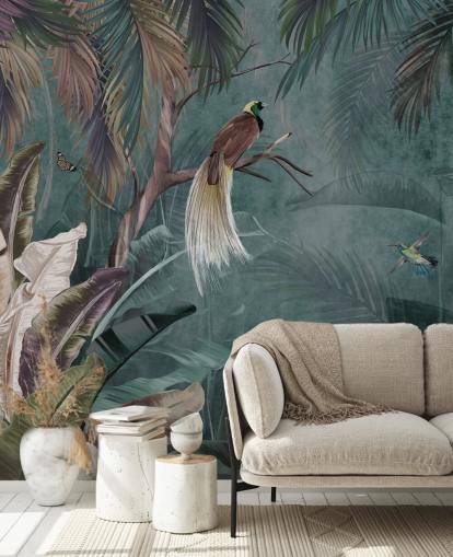 blå jungel tapetmaleri kalt Jungle Birds and Butterflies Blue på Wallsauce for soverom og bad blå jungel tapetmaleri kalt Jungle Birds and Butterflies Blue på Wallsauce for soverom og bad