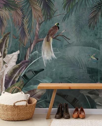 blå jungle tapetmaleri kaldet Jungle Birds and Butterflies Blue på Wallsauce til soveværelser og badeværelser blå jungle tapetmaleri kaldet Jungle Birds and Butterflies Blue på Wallsauce til soveværelser og badeværelser