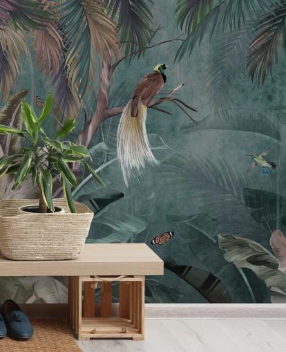 mural de papel pintado azul de la jungla llamado Jungle Birds and Butterflies Blue at Wallsauce para dormitorios y baños
