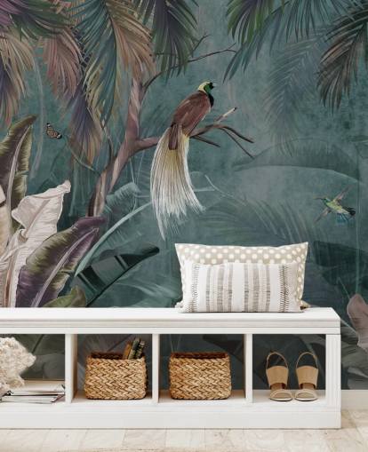 blue jungle wallpaper mural called Jungle Birds and Butterflies Blue at Wallsauce for bedrooms and bathrooms