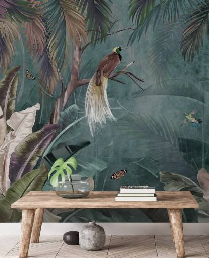 blå djungel tapetväggmålning som heter Jungle Birds and Butterflies Blue på Wallsauce för sovrum och badrum