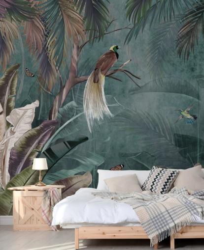 blå jungel tapetmaleri kalt Jungle Birds and Butterflies Blue på Wallsauce for soverom og bad