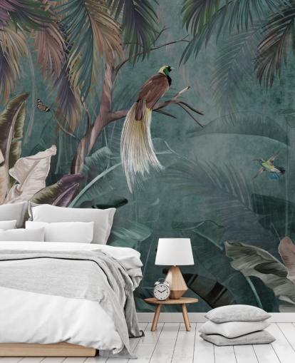 blauwe jungle behangmuurschildering genaamd Jungle Birds and Butterflies Blue bij Wallsauce voor slaapkamers en badkamers