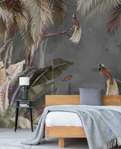 grijze jungle muurschildering genaamd Jungle Birds and Butterflies Grey bij Wallsauce voor badkamers, keukens en woonkamers grijze jungle muurschildering genaamd Jungle Birds and Butterflies Grey bij Wallsauce voor badkamers, keukens en woonkamers