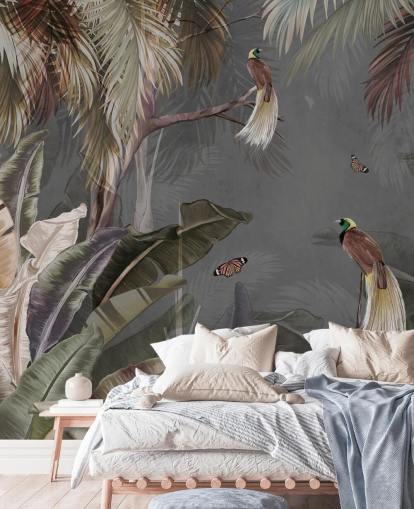 peinture murale grise de la jungle appelée Jungle Birds and Butterflies Grey chez Wallsauce pour les salles de bain, les cuisines et les salons