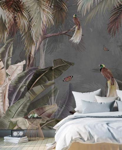 mural de parede cinza da selva chamado Jungle Birds and Butterflies Grey at Wallsauce para banheiros, cozinhas e salas de estar