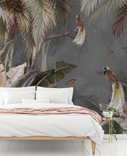 grey jungle wall mural called Jungle Birds and Butterflies Grey at Wallsauce for bathrooms, kitchens and living rooms