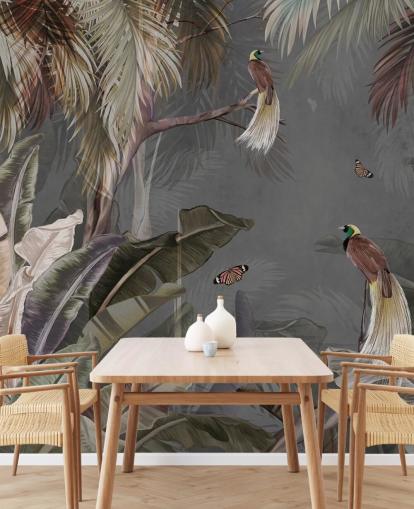 grå jungel veggmaleri kalt Jungle Birds and Butterflies Grey på Wallsauce for bad, kjøkken og stuer