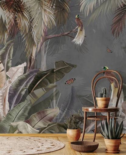 grå jungle vægmaleri kaldet Jungle Birds and Butterflies Grey på Wallsauce til badeværelser, køkkener og stuer