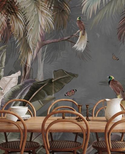 harmaa viidakon seinämaalaus nimeltä Jungle Birds and Butterflies Grey Wallsaucessa kylpyhuoneisiin, keittiöihin ja olohuoneisiin