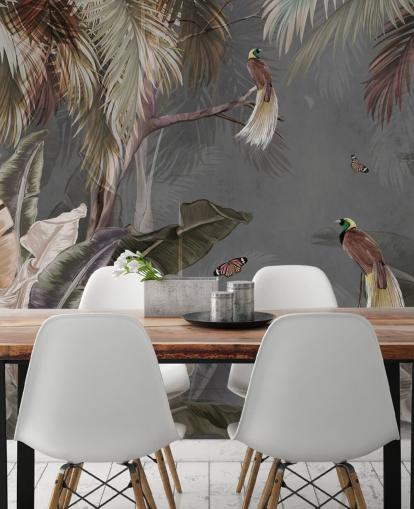 grå djungel väggmålning som heter Jungle Birds and Butterflies Grey på Wallsauce för badrum, kök och vardagsrum grå djungel väggmålning som heter Jungle Birds and Butterflies Grey på Wallsauce för badrum, kök och vardagsrum