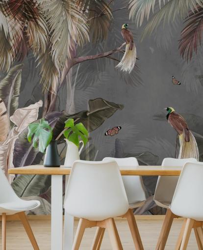 murale con giungla grigia chiamato Jungle Birds and Butterflies Grey at Wallsauce per bagni, cucine e salotti