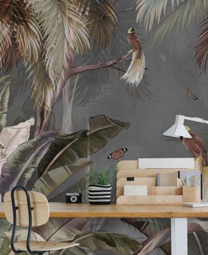 grå jungel veggmaleri kalt Jungle Birds and Butterflies Grey på Wallsauce for bad, kjøkken og stuer grå jungel veggmaleri kalt Jungle Birds and Butterflies Grey på Wallsauce for bad, kjøkken og stuer