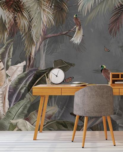 grijze jungle muurschildering genaamd Jungle Birds and Butterflies Grey bij Wallsauce voor badkamers, keukens en woonkamers