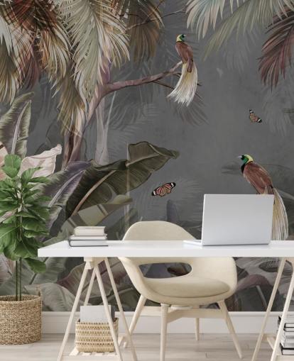 grey jungle wall mural called Jungle Birds and Butterflies Grey at Wallsauce for bathrooms, kitchens and living rooms
