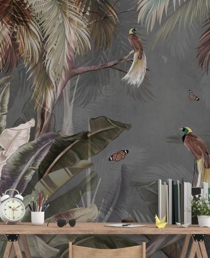 peinture murale grise de la jungle appelée Jungle Birds and Butterflies Grey chez Wallsauce pour les salles de bain, les cuisines et les salons