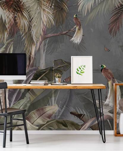 mural de pared gris de la jungla llamado Jungle Birds and Butterflies Grey at Wallsauce para baños, cocinas y salas de estar