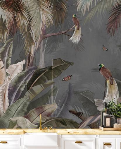 grå jungle vægmaleri kaldet Jungle Birds and Butterflies Grey på Wallsauce til badeværelser, køkkener og stuer