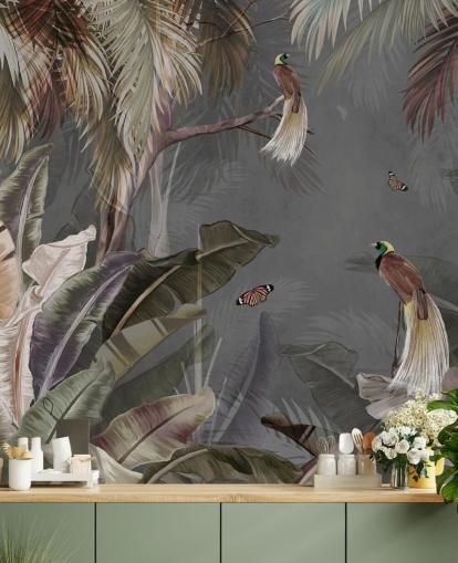 grey jungle wall mural called Jungle Birds and Butterflies Grey at Wallsauce for bathrooms, kitchens and living rooms