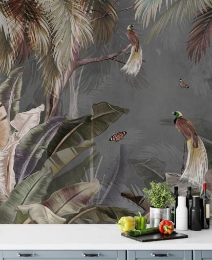 grijze jungle muurschildering genaamd Jungle Birds and Butterflies Grey bij Wallsauce voor badkamers, keukens en woonkamers