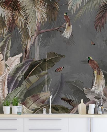 harmaa viidakon seinämaalaus nimeltä Jungle Birds and Butterflies Grey Wallsaucessa kylpyhuoneisiin, keittiöihin ja olohuoneisiin