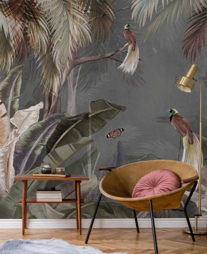murale con giungla grigia chiamato Jungle Birds and Butterflies Grey at Wallsauce per bagni, cucine e salotti murale con giungla grigia chiamato Jungle Birds and Butterflies Grey at Wallsauce per bagni, cucine e salotti