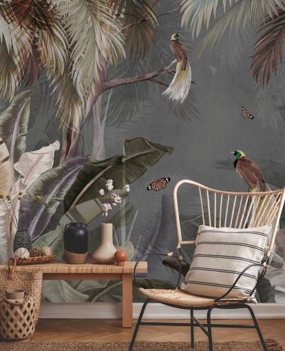 Graues Dschungel-Wandbild namens Jungle Birds and Butterflies Grey at Wallsauce für Badezimmer, Küchen und Wohnzimmer