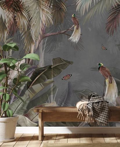 grijze jungle muurschildering genaamd Jungle Birds and Butterflies Grey bij Wallsauce voor badkamers, keukens en woonkamers