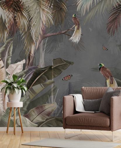 grå jungel veggmaleri kalt Jungle Birds and Butterflies Grey på Wallsauce for bad, kjøkken og stuer