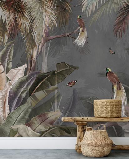 grå jungle vægmaleri kaldet Jungle Birds and Butterflies Grey på Wallsauce til badeværelser, køkkener og stuer