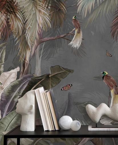 mural de pared gris de la jungla llamado Jungle Birds and Butterflies Grey at Wallsauce para baños, cocinas y salas de estar